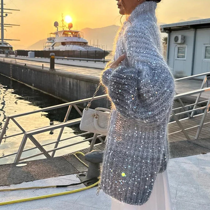 Egyszínű flitteres kötött pulóver